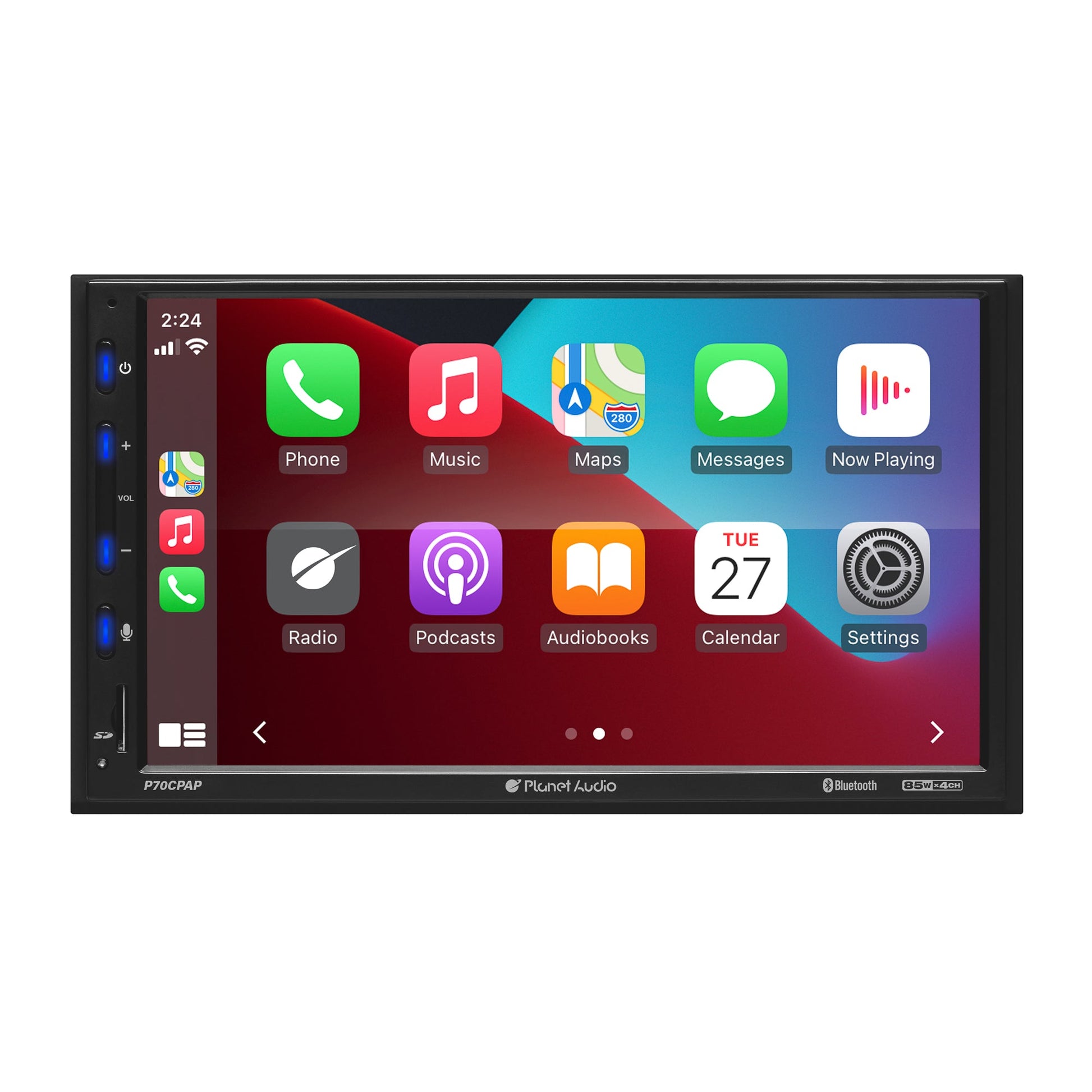 Planet Pro P70CPAP Double-DIN, Wired Apple CarPlay & Android Auto, MECH-LESS Multimedia Player (no CD/DVD) 7" Touchscreen Bluetooth